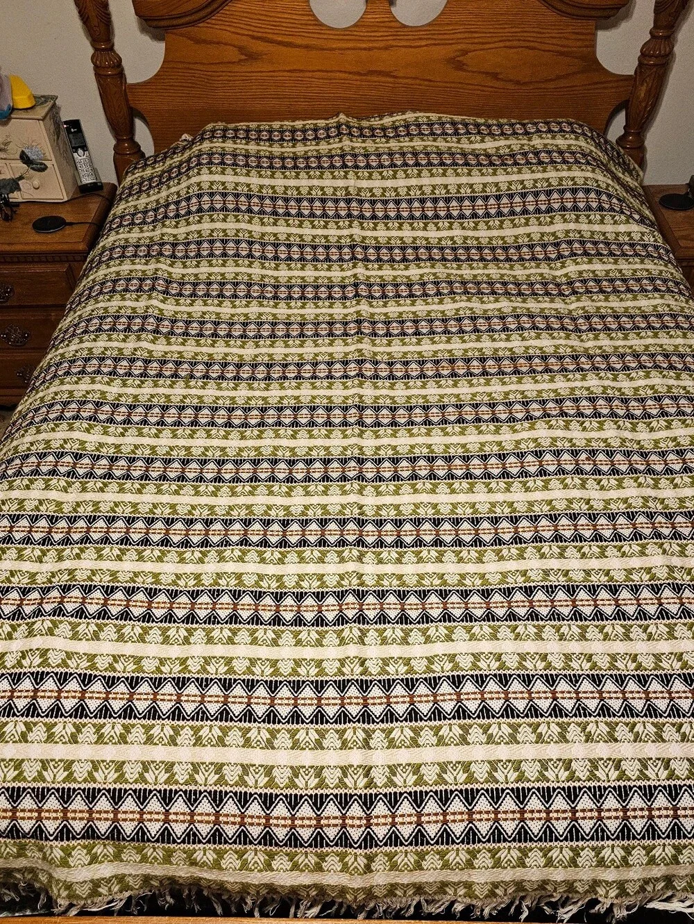 Vintage 70s Handwoven Cotton Geometric Queen Blanket Coverlet